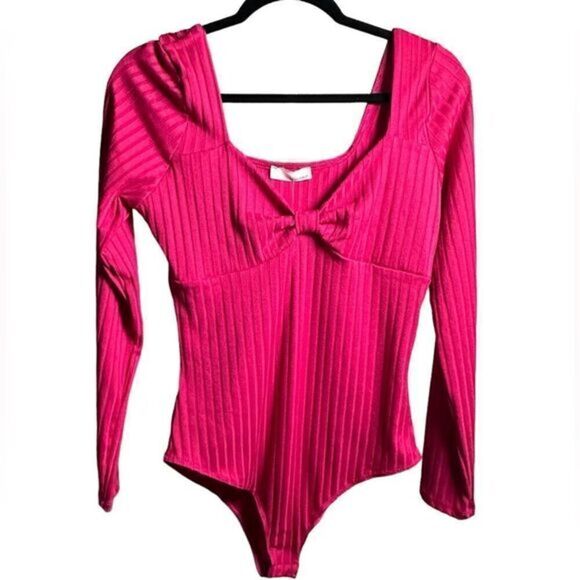 NWT Heatherly Women’s Pink Long Sleeve Peek a Boo Ribbed Bodysuit - Size L - Picture 1 of 7